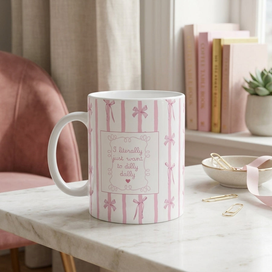 Pink Ribbon Stripes Ceramic Mug — "I Literally Just Want to Stay in Bed" Coffee Cup (11oz/15oz)