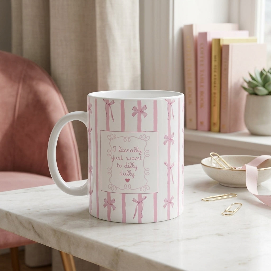 Pink Ribbon Stripes Ceramic Mug — "I Literally Just Want to Stay in Bed" Coffee Cup (11oz/15oz)
