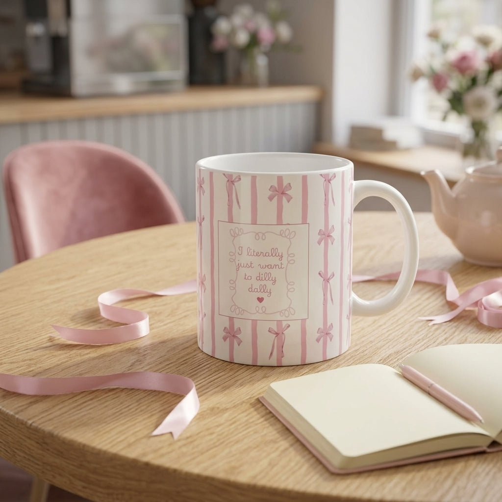 Pink Ribbon Stripes Ceramic Mug — "I Literally Just Want to Stay in Bed" Coffee Cup (11oz/15oz)