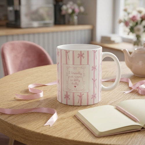 Pink Ribbon Stripes Ceramic Mug — "I Literally Just Want to Stay in Bed" Coffee Cup (11oz/15oz)