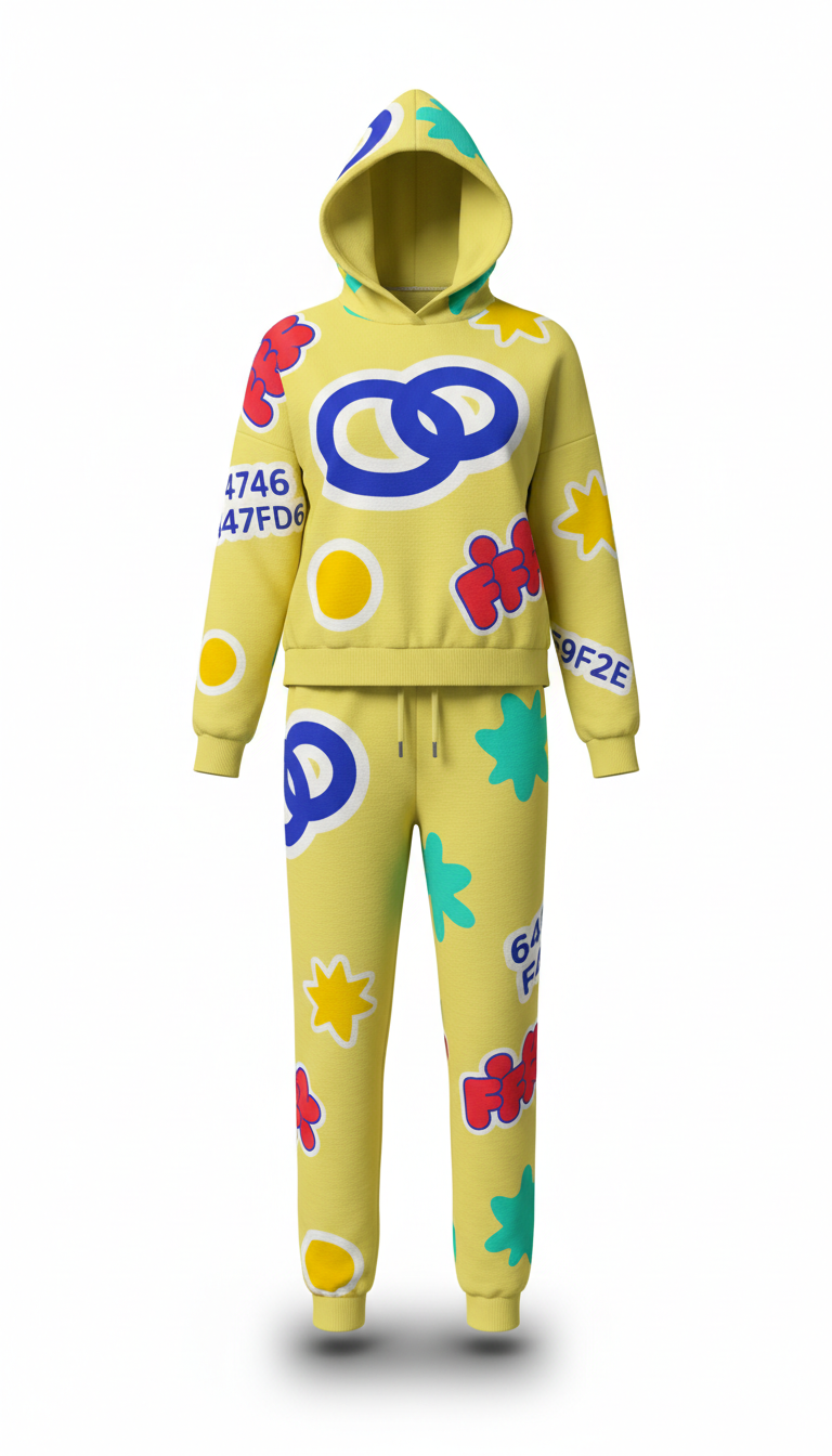 Lemon zest hooded lounge set with sticker overlays
